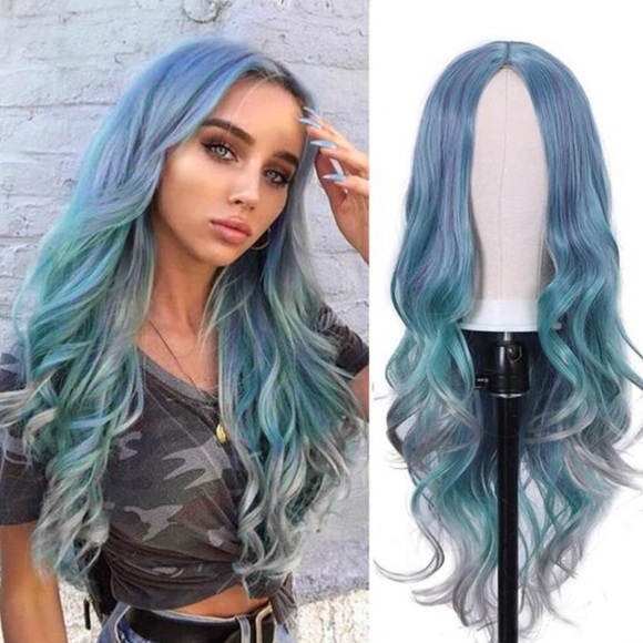 28 Inch Wig Heat Resistant Wavy Pastel Blue for woman NEW